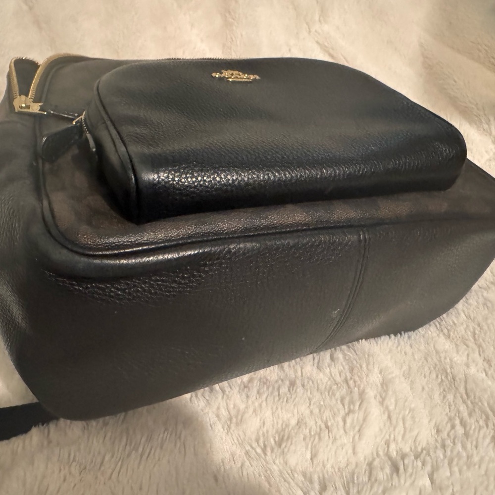 Coach Black Leather Backpack with Gold Logo Accent